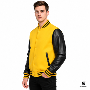 Veste universitaire jaune pour homme SINEWY, manches en cuir PU, col rabattu, vêtement décontracté pour l'automne - Product Image 5
