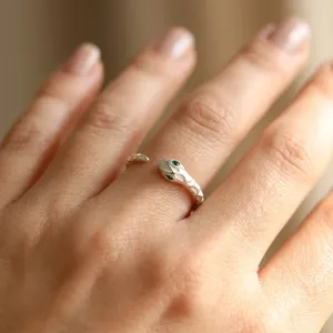 Fashion Christian Women's Snake Design <b>Adjustable</b> <b>Rings</b> Green CZ Eye 18k Silver Plated Brass Statement Minimalist Unique Style - Product Image 2