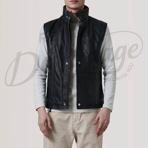 Chaleco de Cuero Genuino Negro Personalizado para Hombre, Cuello Alto, Cierre Frontal con Cremallera, Corte Ajustado, Sin Mangas, Chaqueta Casual de Moda - Product Image 5