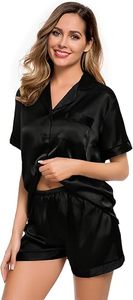Conjunto de pijama de manga corta de satén negro para mujer, ropa de dormir con cuello vuelto y botones en la parte delantera, estilo elegante de verano - Product Image 2