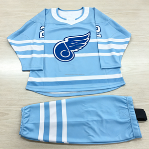 Ensemble de maillots de hockey sur glace bleu clair personnalisés pour hommes, imprimés, en maille, col en V, uniforme d'équipe, service OEM - Product Image 4