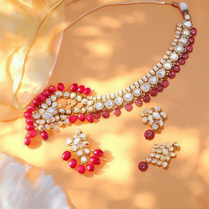 Rhodium Plated Gold Plated Alloy Oxidized Polish Casual Kundan Choker Necklace with Red Beads and Pearl Earring Set - Product Image 2