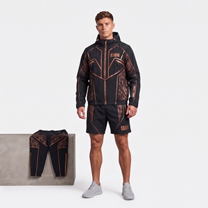 Conjunto deportivo de 3 piezas para hombre, color negro cobre, chaqueta técnica con capucha, pantalones cortos de malla transpirable para gimnasio, pantalones deportivos ajustados, ropa deportiva para entrenamiento. - Product Image 1