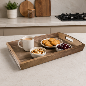 Premium Teak Wood Serving Tray with Cutout Handles | Handmade Wooden Breakfast Tray for Home Hotel Restaurant Coffee <b>Table</b> Decor - Product Image 2
