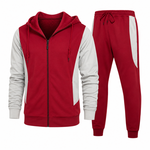 Red <b>White</b> Color Blocking Hooded Tracksuit Full Zip Casual <b>Jogger</b> Set With Side Pockets Breathable Polyester Cotton Sportswear - Product Image 1