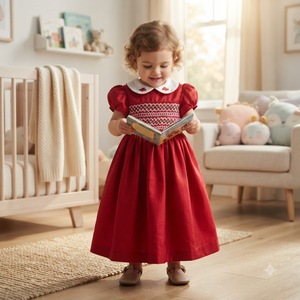Robe Bouffante Superbe pour Filles et Bébés, Rouge, Respirante, à Motifs Géométriques, Broderie Smockée Main Anglaise, Superposée, Idéale Noël, ODM/OEM - Product Image 2