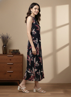 Robe trapèze décontractée d'été pour femme en rayonne à imprimé floral, bleue, sans manches, avec décolleté trou de serrure, confortable, style occidental