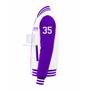 Veste universitaire personnalisée NCNW Council, violette et blanche, manches longues, col à bande sur le devant, logo brodé, coton - Product Image 4