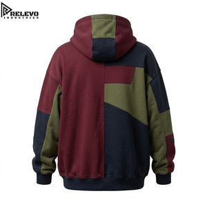 OEM <b>Men</b> Oversized Olive Green & <b>Burgundy</b> Tactical Full-Zip Heavyweight <b>Hoodie</b>, Geometric Techwear Utility Fleece <b>Hoodie</b> - Product Image 2