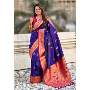 Violet Soft Silk Saree with Intricate Flower Butta Meenakari Zari Woven Design Elegant <b>Prom</b> <b>Dresses</b> by Elite Weaves - Product Image 5