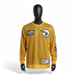 Camiseta de manga larga para hombre, 180 GSM, transpirable, de poliéster, color mostaza dorado, con logotipo personalizado por transferencia térmica, ropa deportiva. - Product Image 1