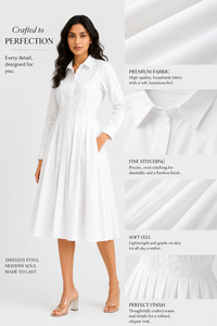 Robe chemise élégante en coton pour femme, taille plissée, entièrement boutonnée, coupe trapèze, avec poches, pour le travail, couleur unie, vente en gros - Product Image 3