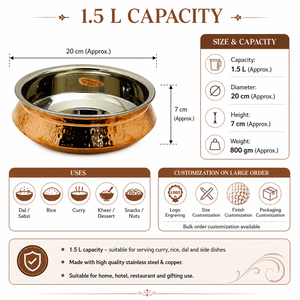 1.5L Hammered Copper Stainless Steel Serving Bowl Indian Handi Curry Rice Dal Bowl Restaurant Tableware for Home Hotel - Product Image 2