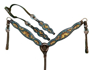 Ensemble de harnais de qualité supérieure pour cheval, en cuir véritable Western, avec collier de tête et harnais de poitrine motif tournesol, durable, léger et multifonctionnel. - Product Image 1