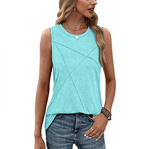 Débardeur en tricot géométrique turquoise pour femme, col rond, décontracté, pour l'été, longueur normale, respirant, sans manches - Product Image 3