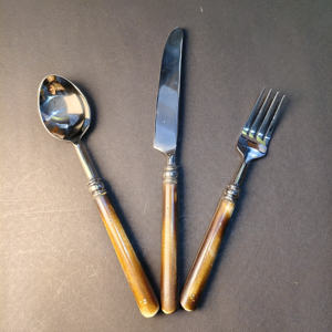 3-Piece Faux-Horn / Amber Resin Handle Bistro Set Including Tablespoon, dinner <b>knife</b>, and dinner fork. For Home <b>Accessories</b> - Product Image 2