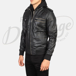 Blouson aviateur en cuir véritable noir de qualité supérieure pour homme avec capuche amovible - Coupe ajustée en peau de mouton véritable, manteau décontracté multi-poches - Product Image 5