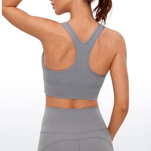 Gray Women's Ruched Sports Bra High <b>Neck</b> Yoga Fitness Top Medium Support Solid Color - Product Image 2