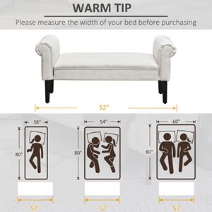 Panca Ottomana Antica da 52 Pollici in Lino Bianco Crema con Braccioli, Elegante e Morbida in Velluto per Ingresso, Camera da Letto, Appartamento - Product Image 6
