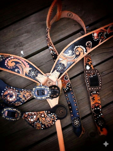 Conjunto de cabezada y pechera de cuero genuino occidental con incrustaciones de pelo, ajustable, de alta calidad, personalizable, accesorio ecuestre - Product Image 2