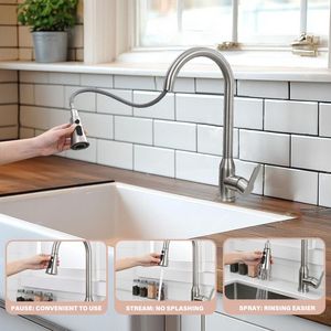 Rubinetto da Cucina ad Arco Alto Monocomando in Acciaio Inossidabile Nichel Spazzolato con Doccetta Estraibile - Product Image 4