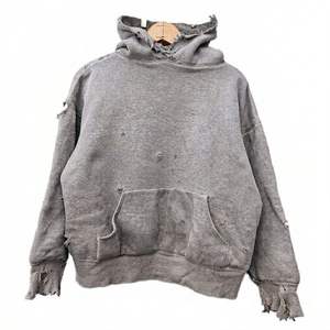 เสื้อฮู้ดดี้สีเทาสไตล์พังก์แบบโอเวอร์ไซส์ ขาดๆ พร้อมกระเป๋า  สำหรับทุกเพศ - Product Image 1