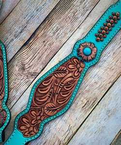 Cabezada y Collar de Pecho de Cuero Genuino Turquesa con Herrajes para Caballo, Estilo Western, Duradero, Ligero y Multifuncional - Product Image 2
