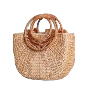 New Fashion Natural Color Half-moon Handmade Straw Woven Handbag Detachable Shoulder Straps Summer Beach Shoulder Bag