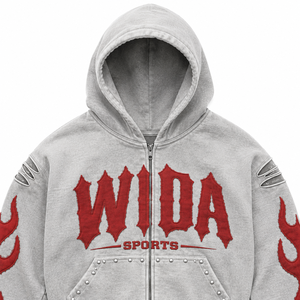 Sweat à capuche Wida Sports gris hiver surdimensionné avec fermeture éclair intégrale, respirant, avec applique flamme rouge et poches cloutées, streetwear unisexe en polaire - Product Image 5
