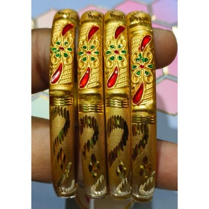 Elegant Gold Plated Alloy Brass Bangles Set <b>Red</b> Green Floral Design Traditional Jewelry for Women Wedding Wear High Shine - Product Image 4