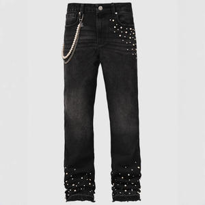 Jeans droits pour hommes avec strass, jeans tendance personnalisés, délavés et effet usé - Product Image 1