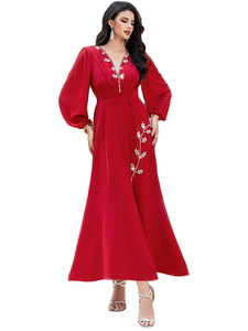 Elegant Red Maxi <b>Dress</b> With Beaded Embroidery V Neck <b>Long</b> Sleeve Plus Size Women Party Evening Gown - Product Image 3