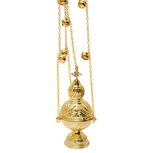 Incensario de Latón Tallado a Mano con Cadenas y Campanas |   Incensario para Iglesia Ortodoxa - DOUBLE VEE EXPORTS - Product Image 1