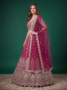 Vestido de Novia Rosa Bordado con Lentejuelas Florales, Estilo Lehenga Choli con Dupatta, Largo hasta el Suelo, para Mujer - Product Image 2