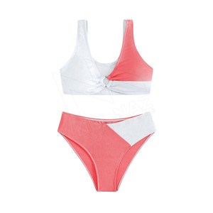 Ensemble bikini deux pièces pour femme, color block, haut bandeau côtelé torsadé, bas de maillot de bain hipster extensible - Product Image 1
