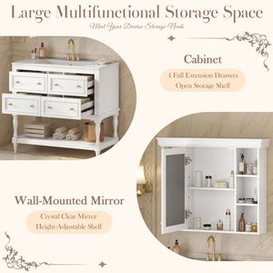 36 "moderno bagno vanità con ripiano regolabile 4 cassetti struttura in legno massello specchio moderno armadietto dei medicinali soluzione di stoccaggio - Product Image 3