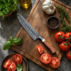 Couteau de chef artisanal personnalisé en acier Damas, manche en bois d'olivier, étui en cuir, lame de 8-9,9 pouces, design moderne ambidextre - Product Image 6