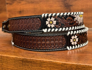 Fleur marguerite usinée à la main 1.5 "bandoulière en cuir véritable sangle de sac de remplacement occidentale avec boutons-pression en laiton antique - Product Image 4