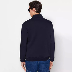 Men's <b>Navy</b> Blue Quarter Zip <b>Sweatshirt</b> Regular Fit Solid Color Casual Cotton French Terry Stand Collar Autumn Wear - Product Image 2