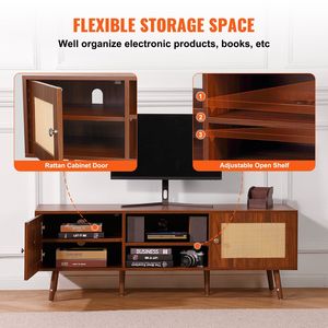 Metà del secolo moderno 65 pollici TV Stand Boho Rattan & noce armadietto ripiani regolabili costruire-in porte USB per soggiorno Media Room - Product Image 5