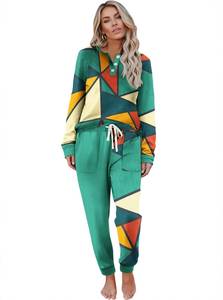 Women Geometric <b>Print</b> Hoodie Jogger <b>Set</b> Casual V Neck Button Long Sleeve Tracksuit 2 Piece Outfit - Product Image 4