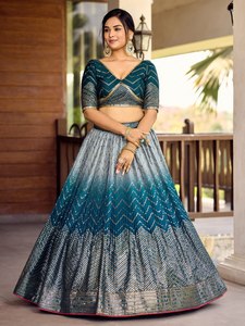 Teal Blue <b>Sequin</b> Lehenga Choli With Dupatta V Neck Embroidered Pleated Dress Bride Wedding Party Wear - Product Image 1