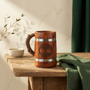 Chope à bière artisanale en bois, style Viking, rustique, pour bière ou café, grande tasse à boire en bois, articles de bar, cadeau, logo personnalisé, OEM - Product Image 2