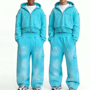 Custom Cropped Printed Flared <b>Hoodie</b> and Sweatpants Set Baggy Cotton Acid Wash Streetwear Tracksuit for Men - Product Image 1