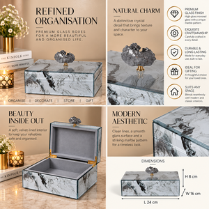 Boîte de rangement pour bijoux en verre marbré avec bouton en cristal naturel, finition brillante, doublure douce, organisateur de bijoux décoratif - Product Image 6