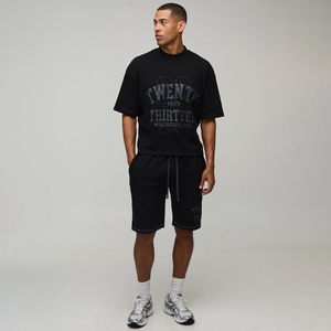 เสื้อยืดโอเวอร์ไซส์ลายวาฟเฟิลพร้อมกางเกงขาสั้นสำหรับผู้ชาย สตรีทแวร์คุณภาพพรีเมียม ผ้าฝ้าย 100% ชุดลำลองสำหรับฤดูร้อน - Product Image 4