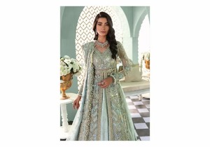 Robe de mariée pakistanaise haut de gamme vert émeraude et or antique, richement ornée, avec un dos en Pishwas et des détails dorés complexes - Product Image 5