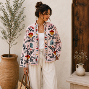 Veste en coton matelassée faite à la main pour femmes, broderie florale, style décontracté bohème, manteau léger à manches longues, style vintage, Bohobi BOHO19 - Product Image 6