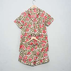 Conjunto de Pijama de Verano de Manga Corta para Mujer, Hecho a Mano, de Algodón, con Cuello, Estampado Floral, Elegante, para la Vida Diaria, Suave - Product Image 4