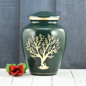 Urne funéraire en métal vert Falah International, arbre de vie doré, urne pour cendres de crémation, urne pour cendres humaines adultes, urnes décoratives. - Product Image 1
